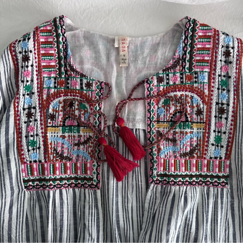 RAGA Bohemian Cotton Striped Embroidered Tassel Tie Jacket Top